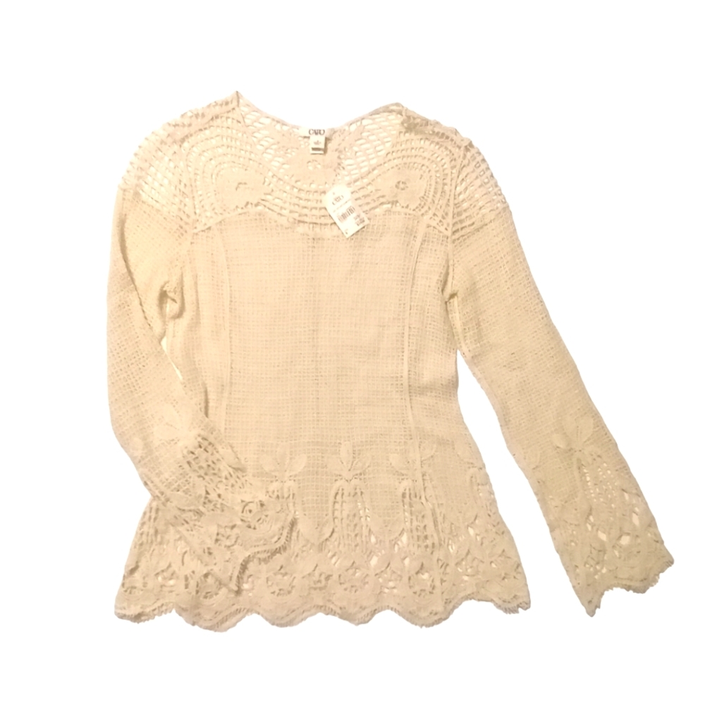 Brand 🆕 Beautiful Cato Long Sleeve 100% Cotton Crochet Lace Ivory Top Size S